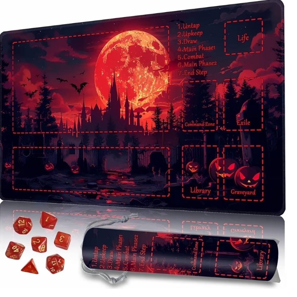Magic The Gathering Red and Black Fantasy Game Mat with Dice